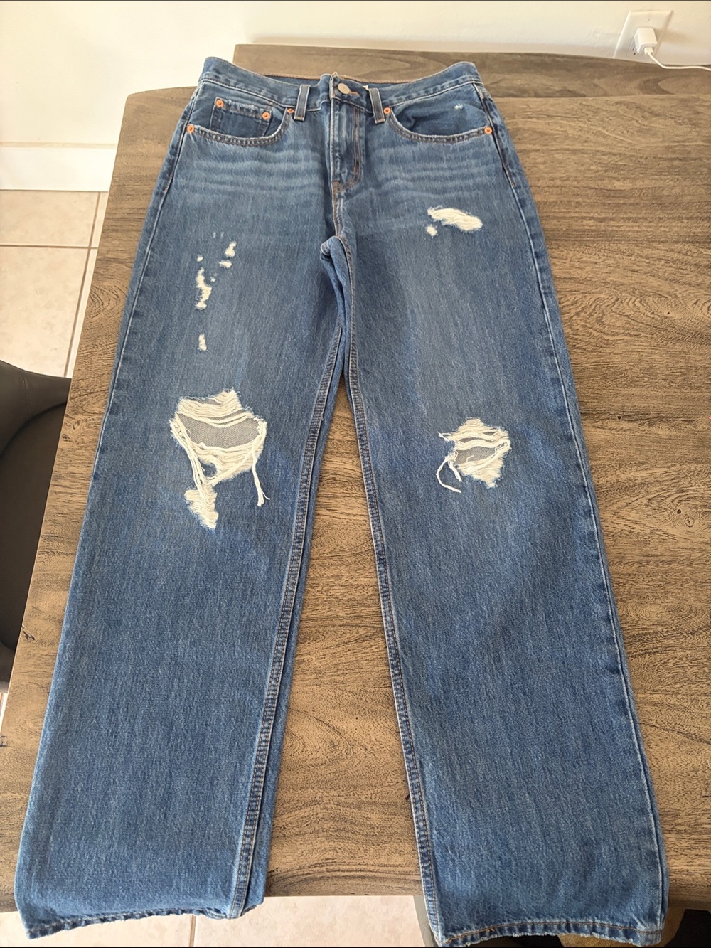 Levi's Women's Blue Distressed Straight-Leg Jeans